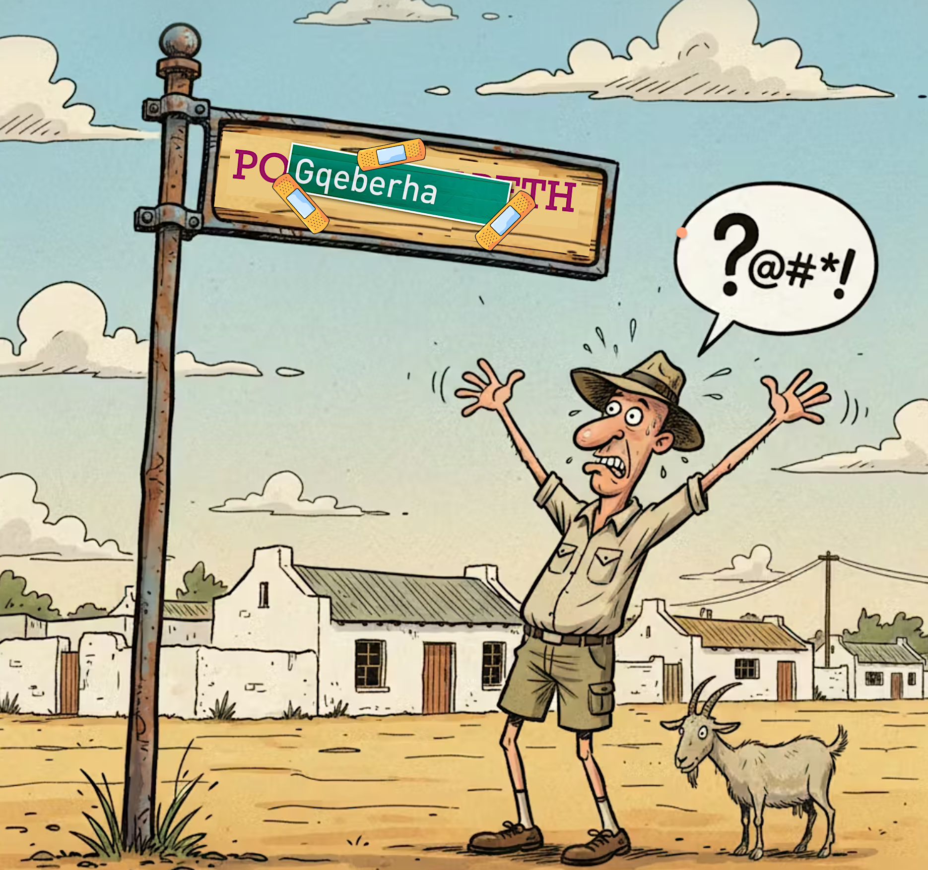 Cartoon of a shocked South African looking at a Gqeberha sign plastered over Port Elizabeth